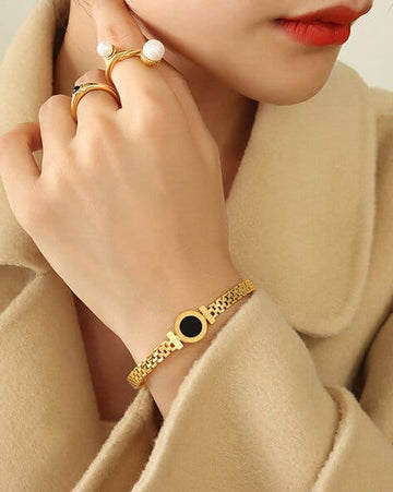 Luxury Roman Numeral 'LOVE' Bracelet – Gold-Plated with Black Enamel Center