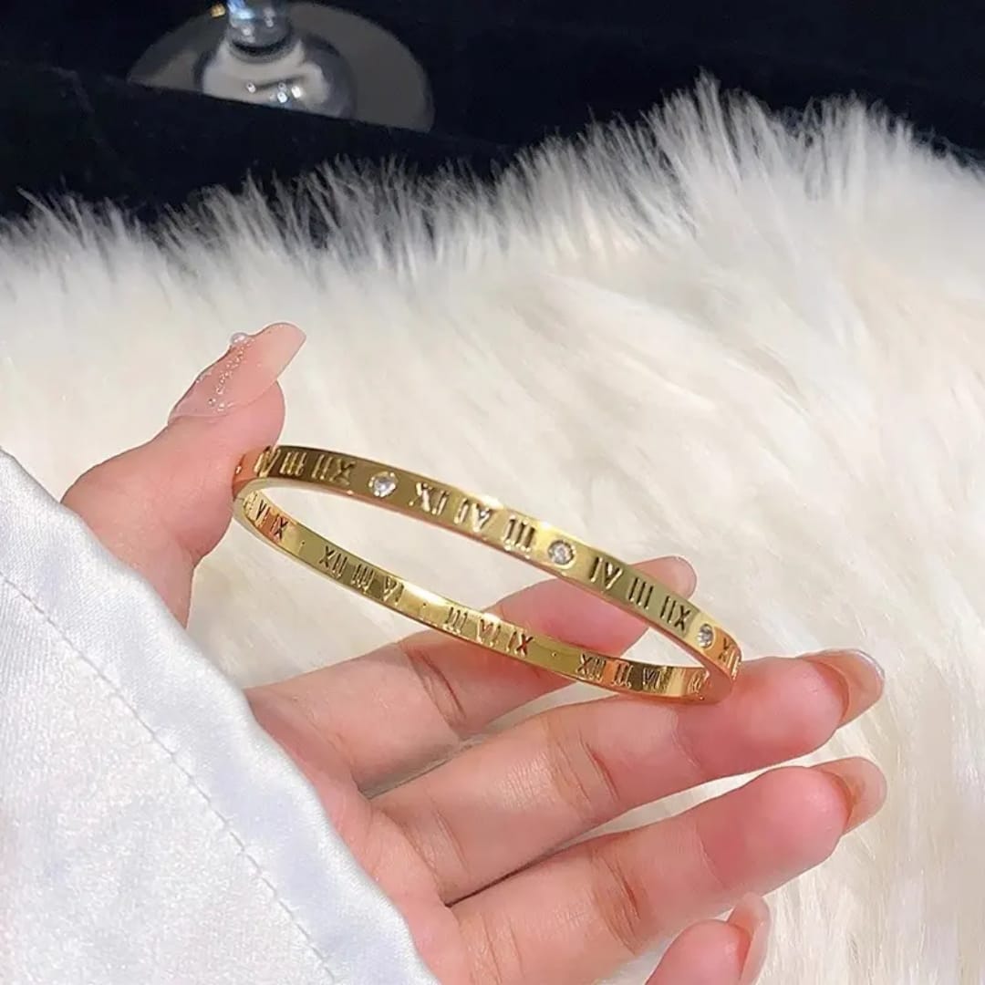 Elegant Gold Roman Numeral Bangle Bracelet with Crystal Accents