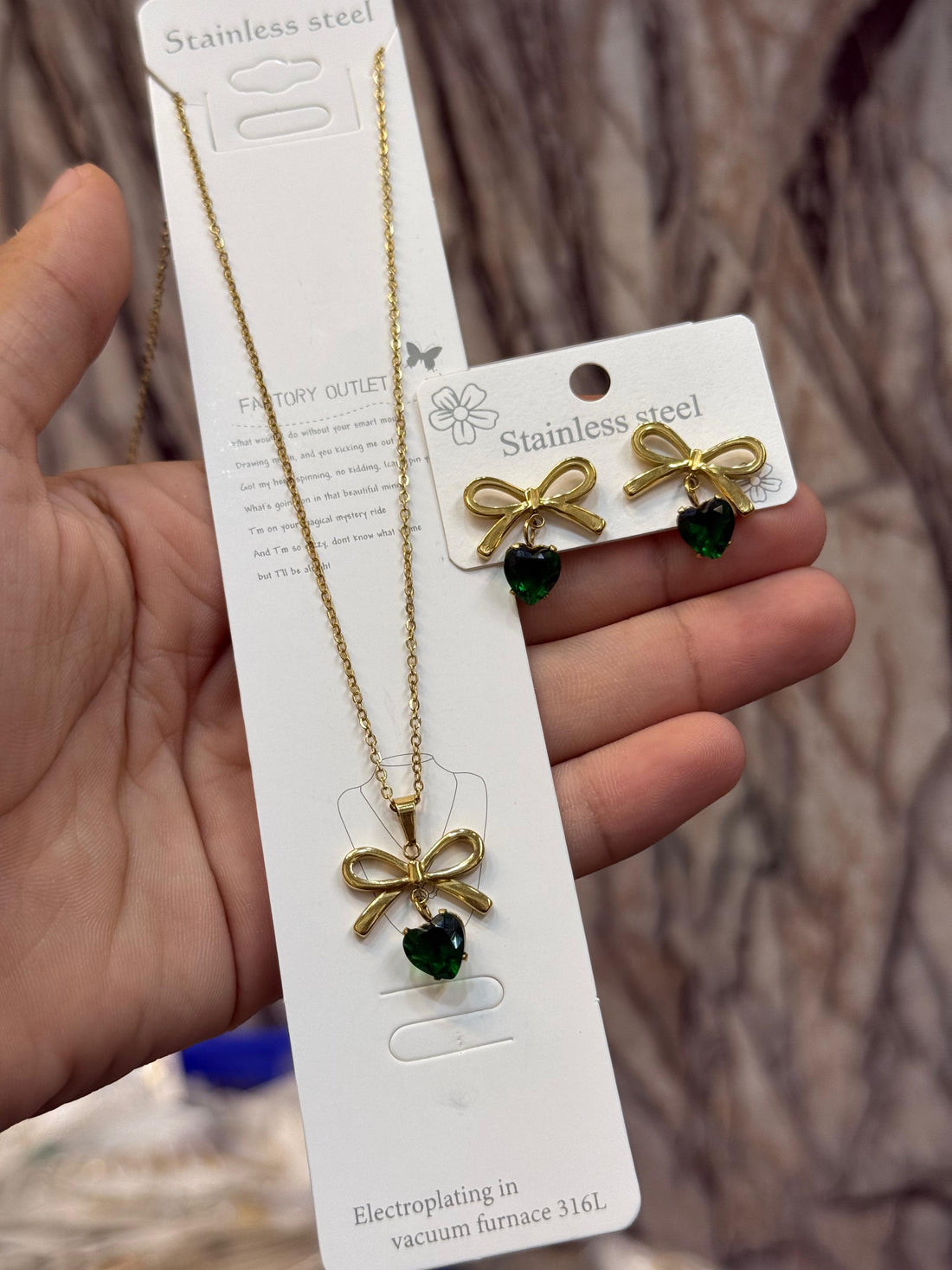 Gold Bow Heart Pendant Necklace & Earring Set – Stainless Steel | Women's Elegant Jewellery