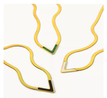Gold V-Shaped Enamel Pendant Necklace – Adjustable Snake Chain