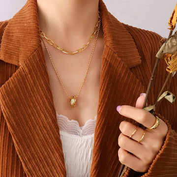 Layered Gold Necklace Set – Chunky Link Chain & Interlocking Ring Pendant Necklace