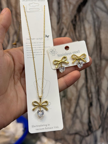 Gold Bow Heart Pendant Necklace & Earring Set – Stainless Steel | Women's Elegant Jewellery