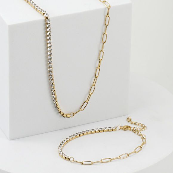 Gold Link & Rhinestone Duo – Necklace and Bracelet Set