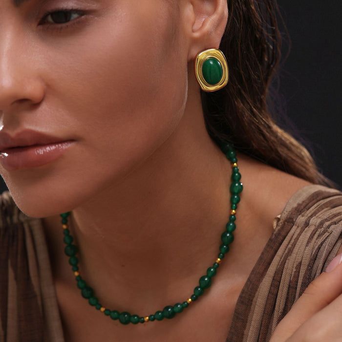 Vintage Green Stone Oval Stud Earrings – Gold Plated Tarnish Free