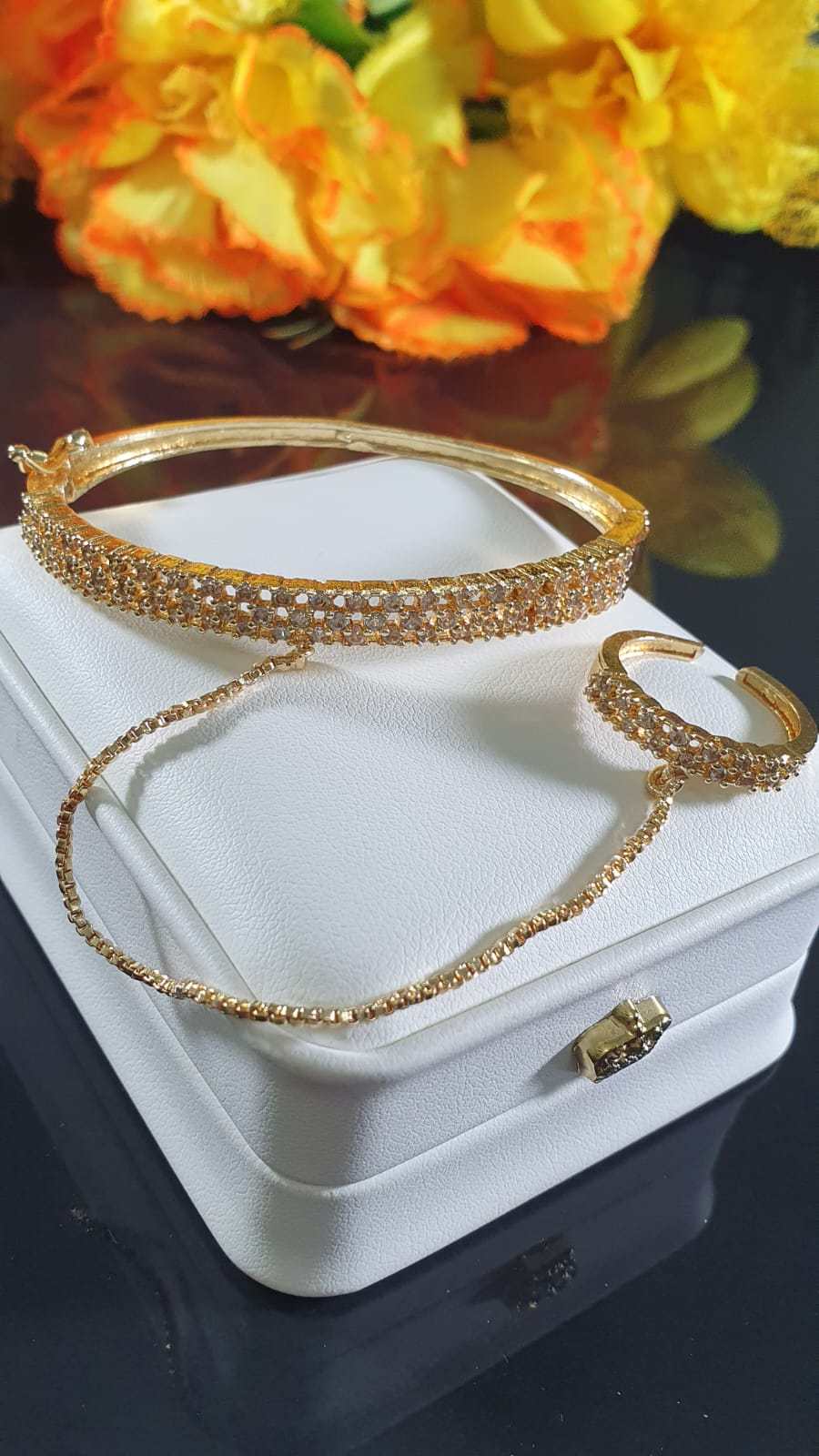 Gold & Silver Crystal Hand Harness – Ring to Bracelet Chain Jewellery