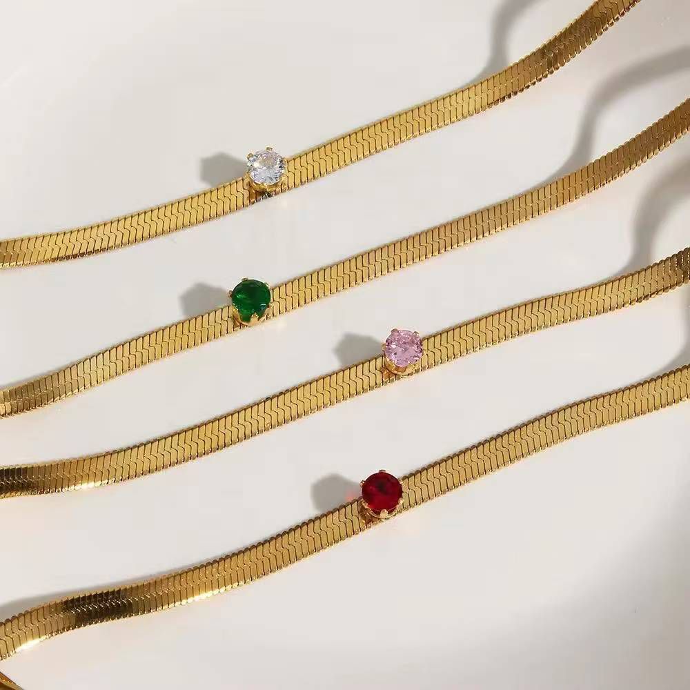 Gold-Plated Herringbone Choker with Solitaire Gemstone – 4 Color Options