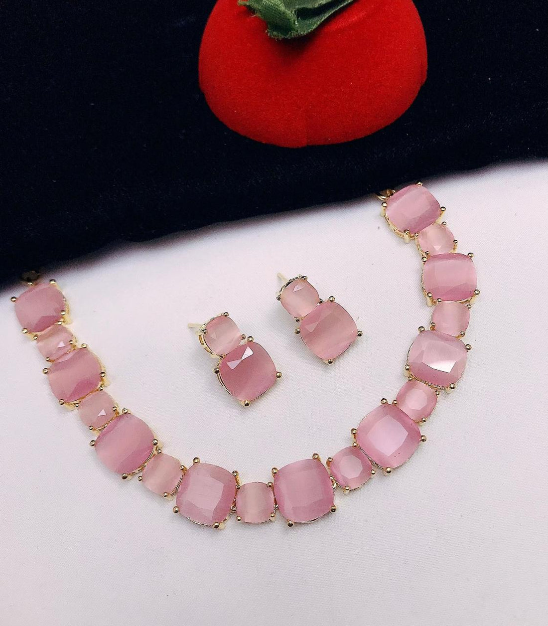 Blush Zarcone Gemstone Jewel Set – Necklace & Drop Earrings in Gold-Tone Finish