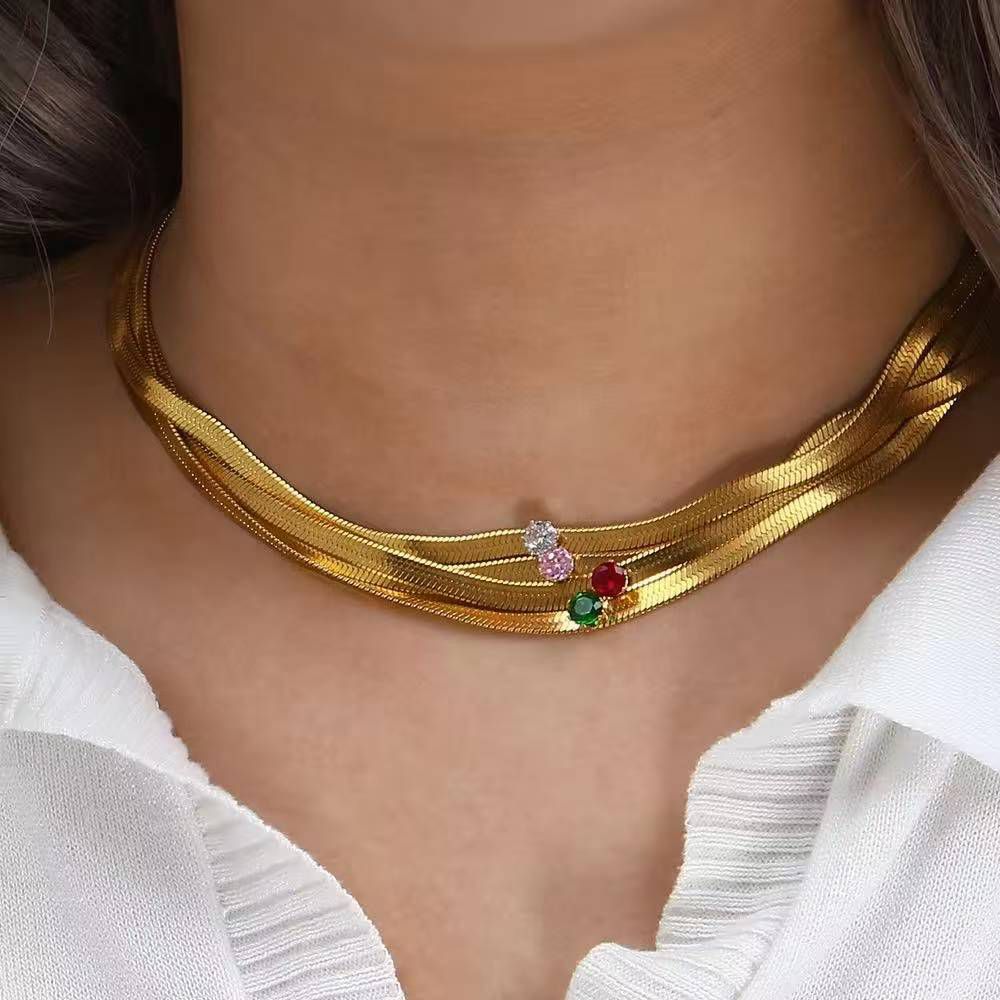 Gold-Plated Herringbone Choker with Solitaire Gemstone – 4 Color Options
