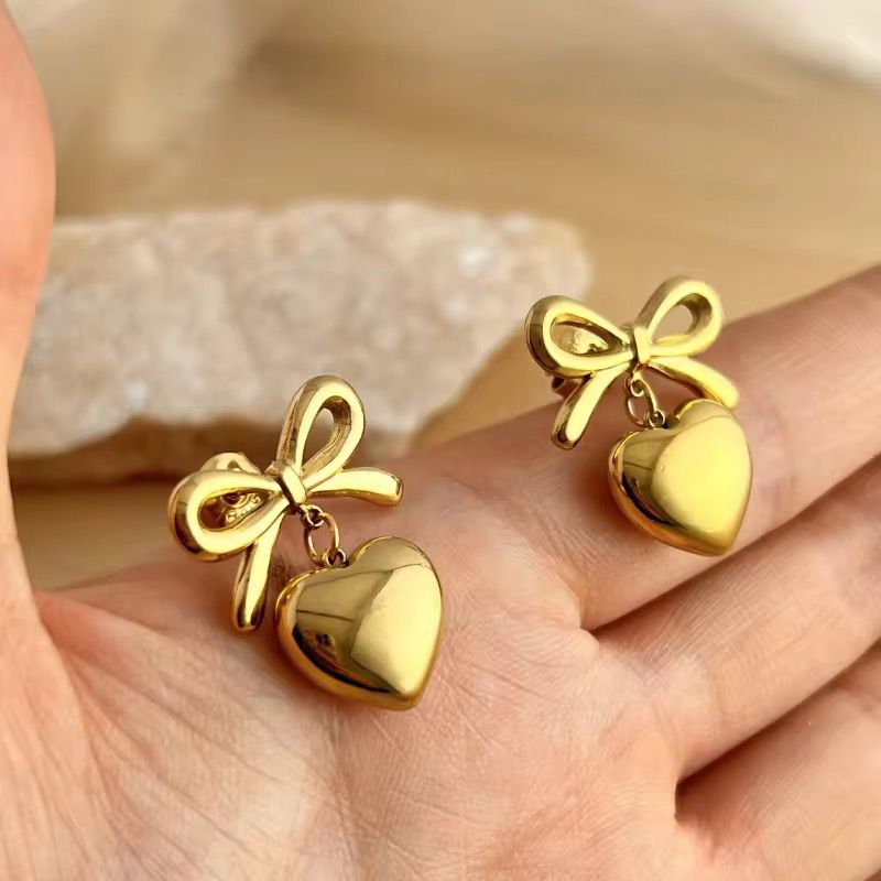 Golden Bow & Heart Drop Earrings – Cute & Classy Statement Studs