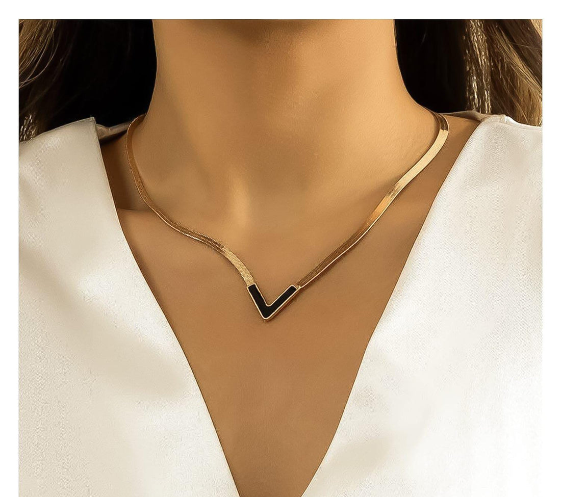 Gold V-Shaped Enamel Pendant Necklace – Adjustable Snake Chain