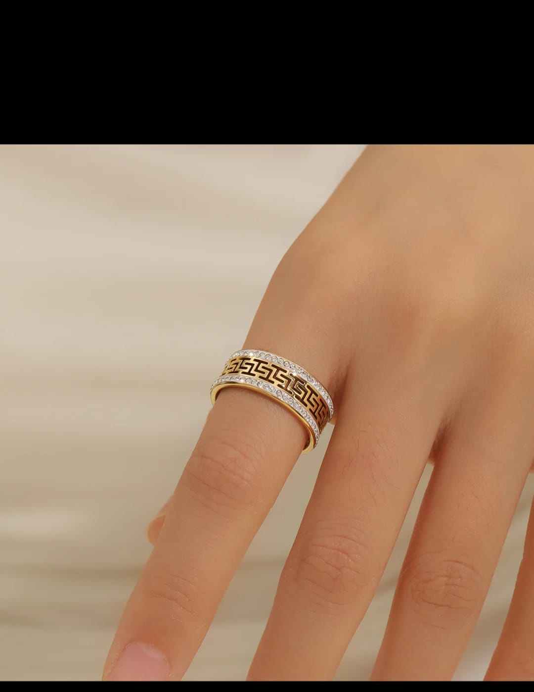 Greek Key Gold-Plated Ring with Rhinestones – Unisex Statement Band