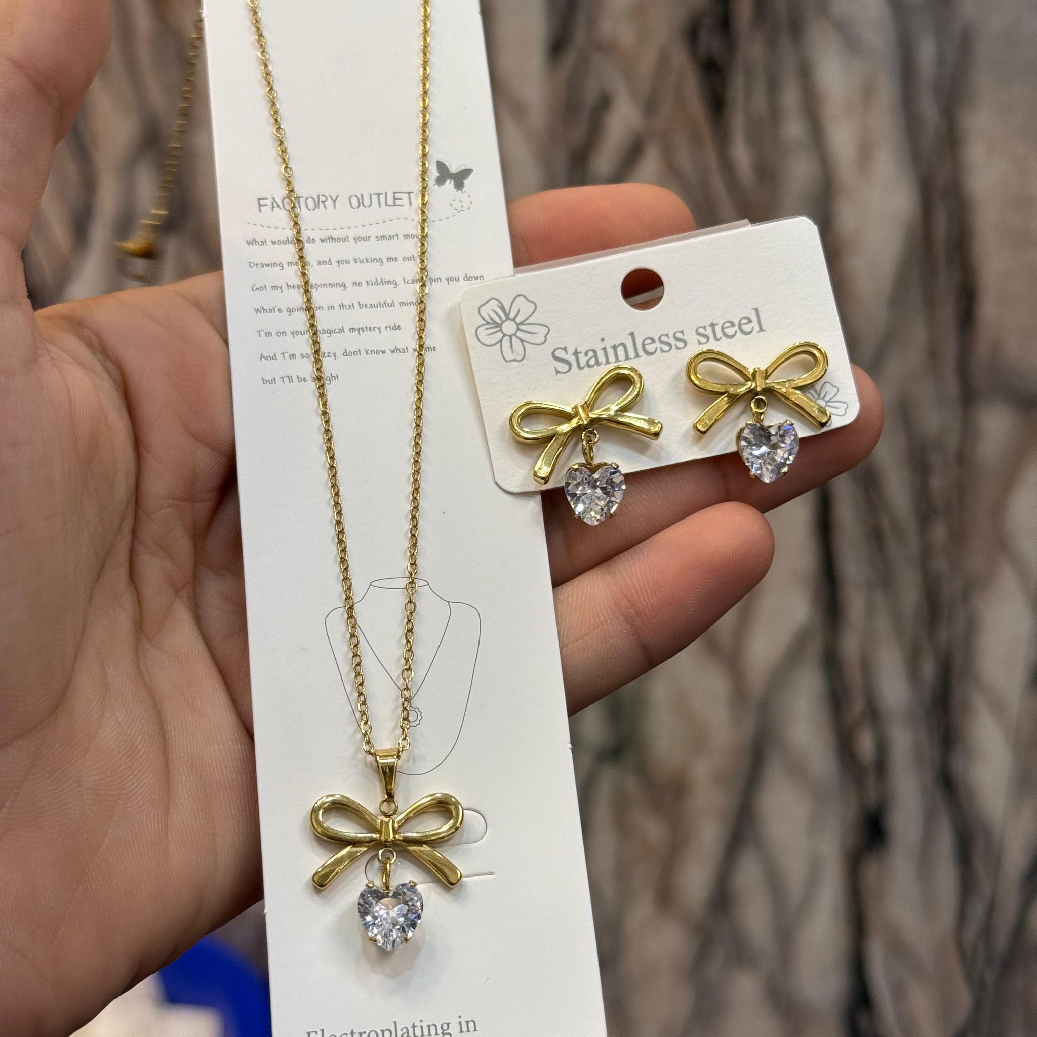 Gold Bow Heart Pendant Necklace & Earring Set – Stainless Steel | Women's Elegant Jewellery
