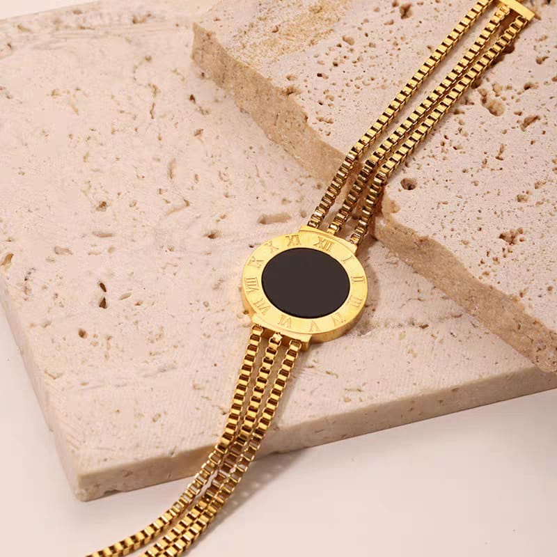 Elegant Gold Roman Numeral Bracelet Watch – Black Dial, Multi-Strand Stainless Steel Strap