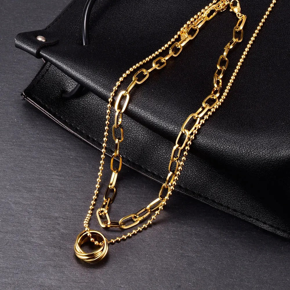 Layered Gold Necklace Set – Chunky Link Chain & Interlocking Ring Pendant Necklace