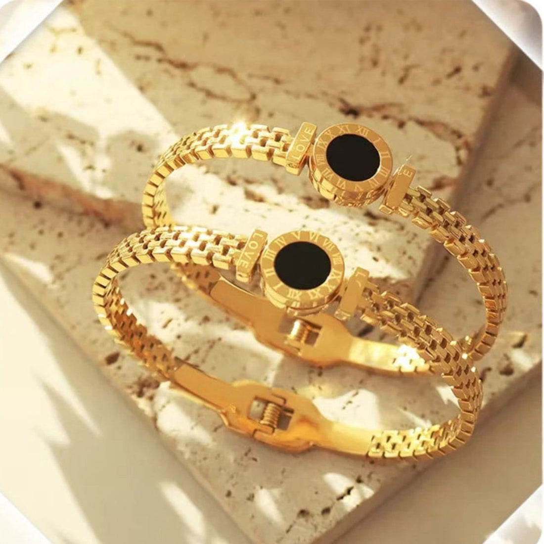 Luxury Roman Numeral 'LOVE' Bracelet – Gold-Plated with Black Enamel Center