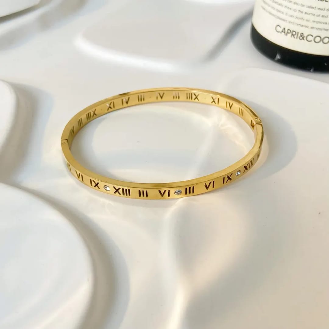 Elegant Gold Roman Numeral Bangle Bracelet with Crystal Accents