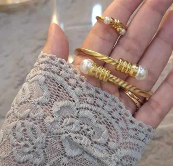 Twisted Cable Pearl Bangle & Ring Set – Gold-Plated Elegance