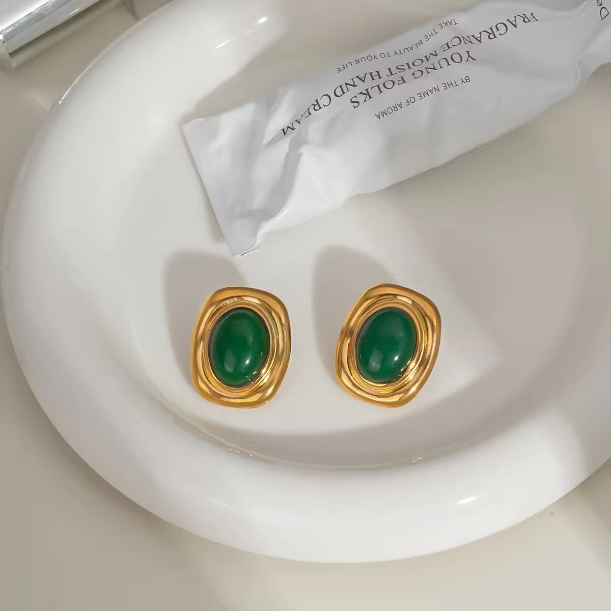 Vintage Green Stone Oval Stud Earrings – Gold Plated Tarnish Free