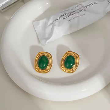 Vintage Green Stone Oval Stud Earrings – Gold Plated Tarnish Free