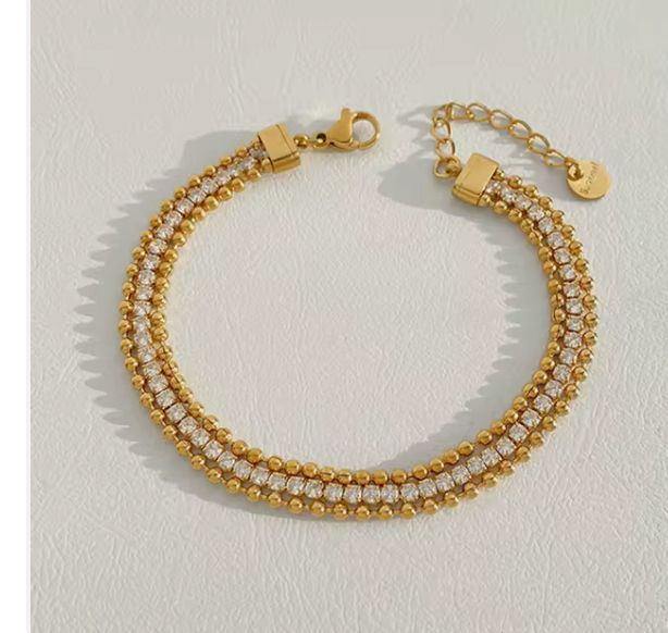 Gold-Tone Double Row Crystal Bracelet – Adjustable Luxury Sparkle